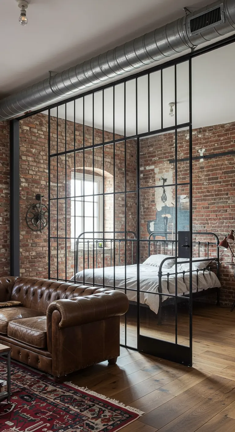 Loft space with a bedroom enclosed by a black-framed glass partition wall.