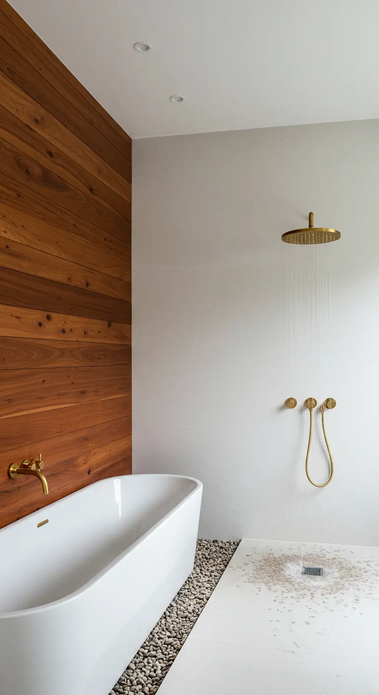 Minimalist white bathroom with a single teak wood wall next to an open shower area.