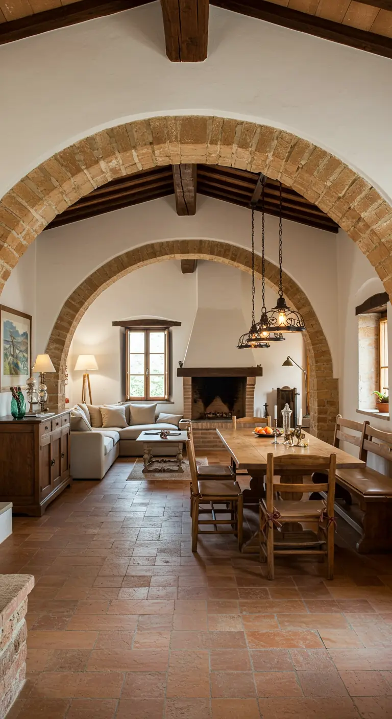 An open-plan living and dining area separated by large stone arches.