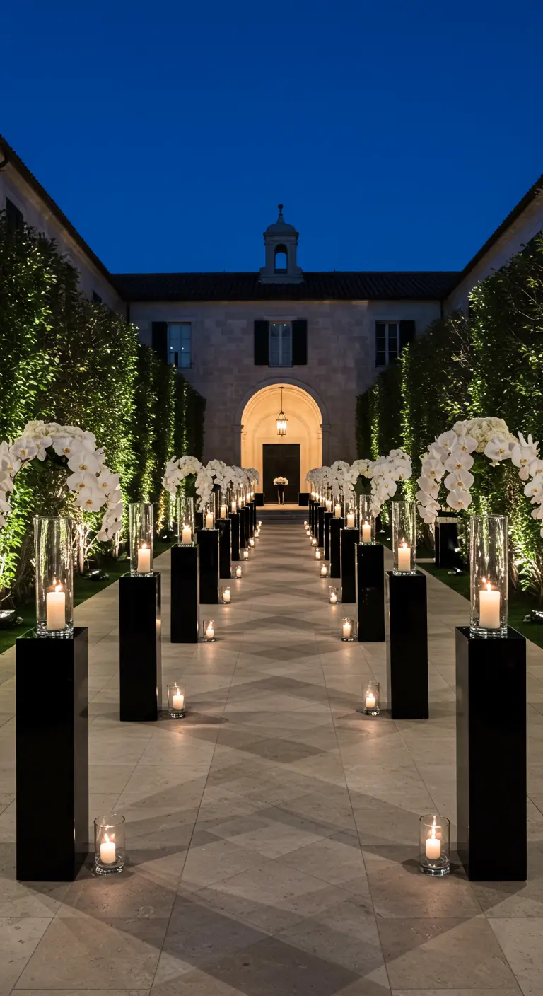 A long wedding aisle lined with white orchids on tall black pedestals.
