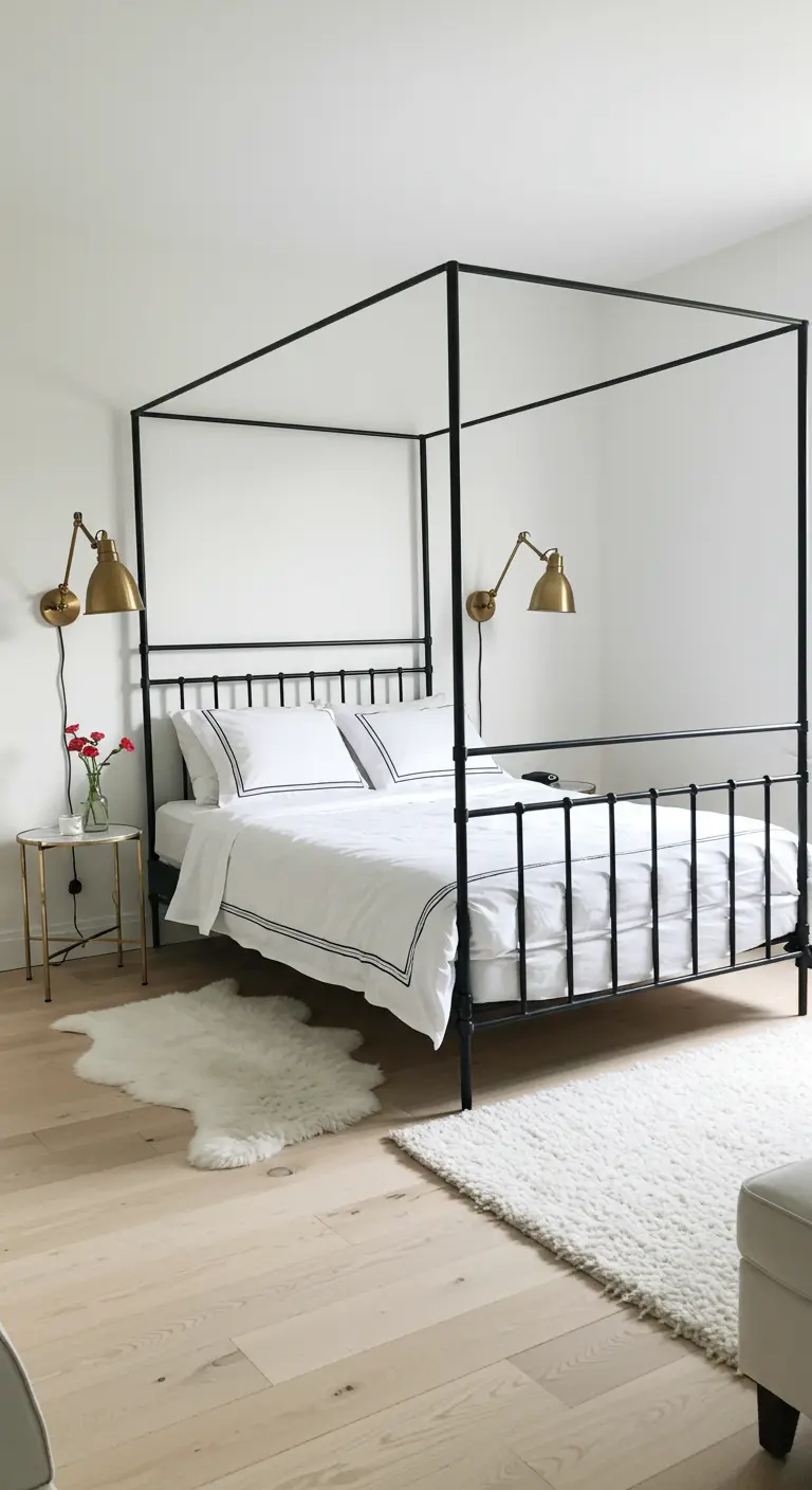 Minimalist bedroom with a black metal canopy bed, white bedding, and brass wall sconces.