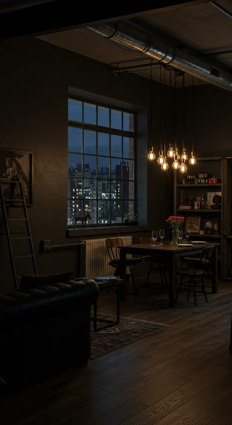 A dimly lit loft dining area with a cluster of Edison bulbs hanging over the table at night.