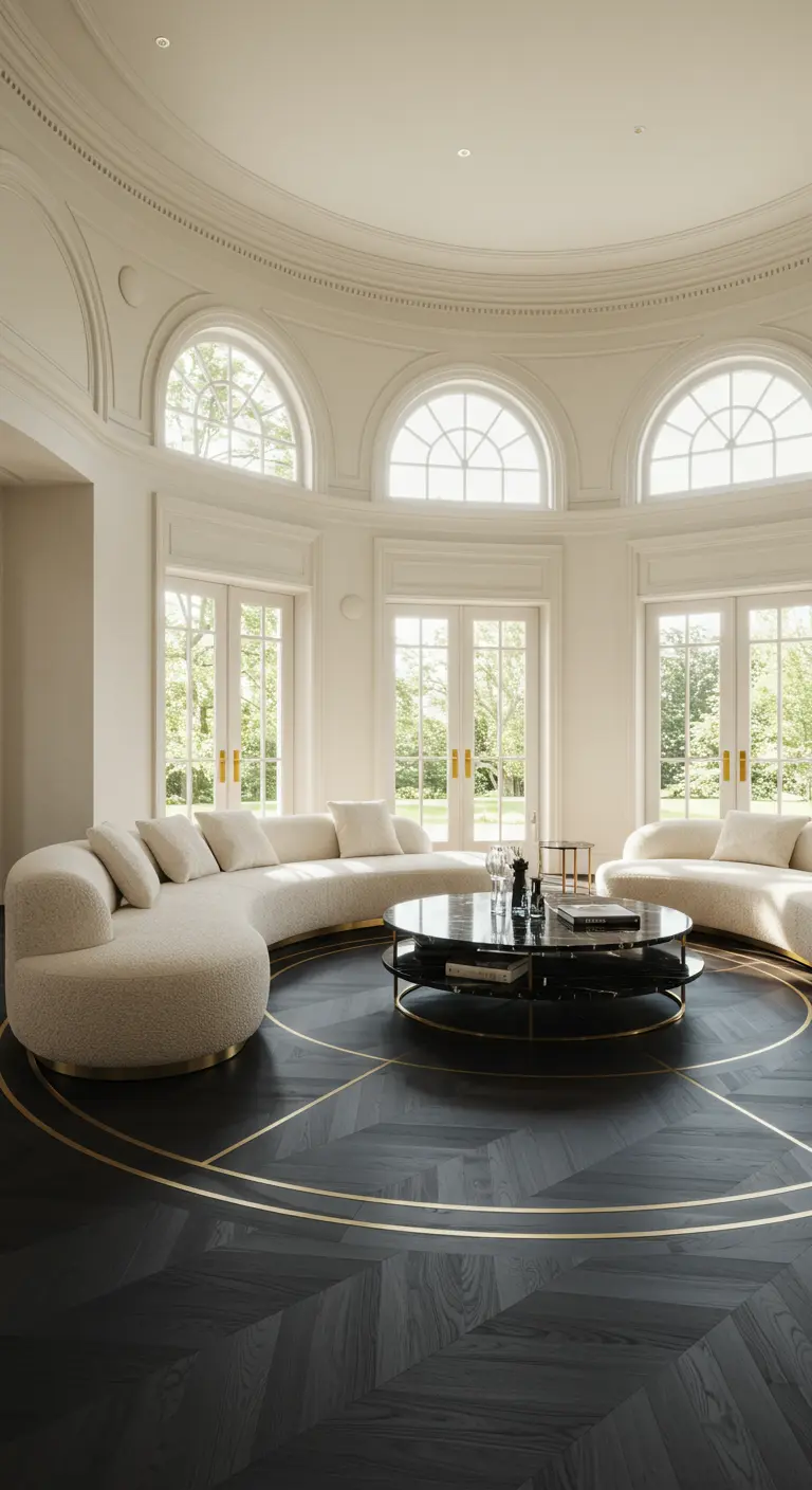 A grand circular living room with a curved sofa and dark floors with brass inlay.