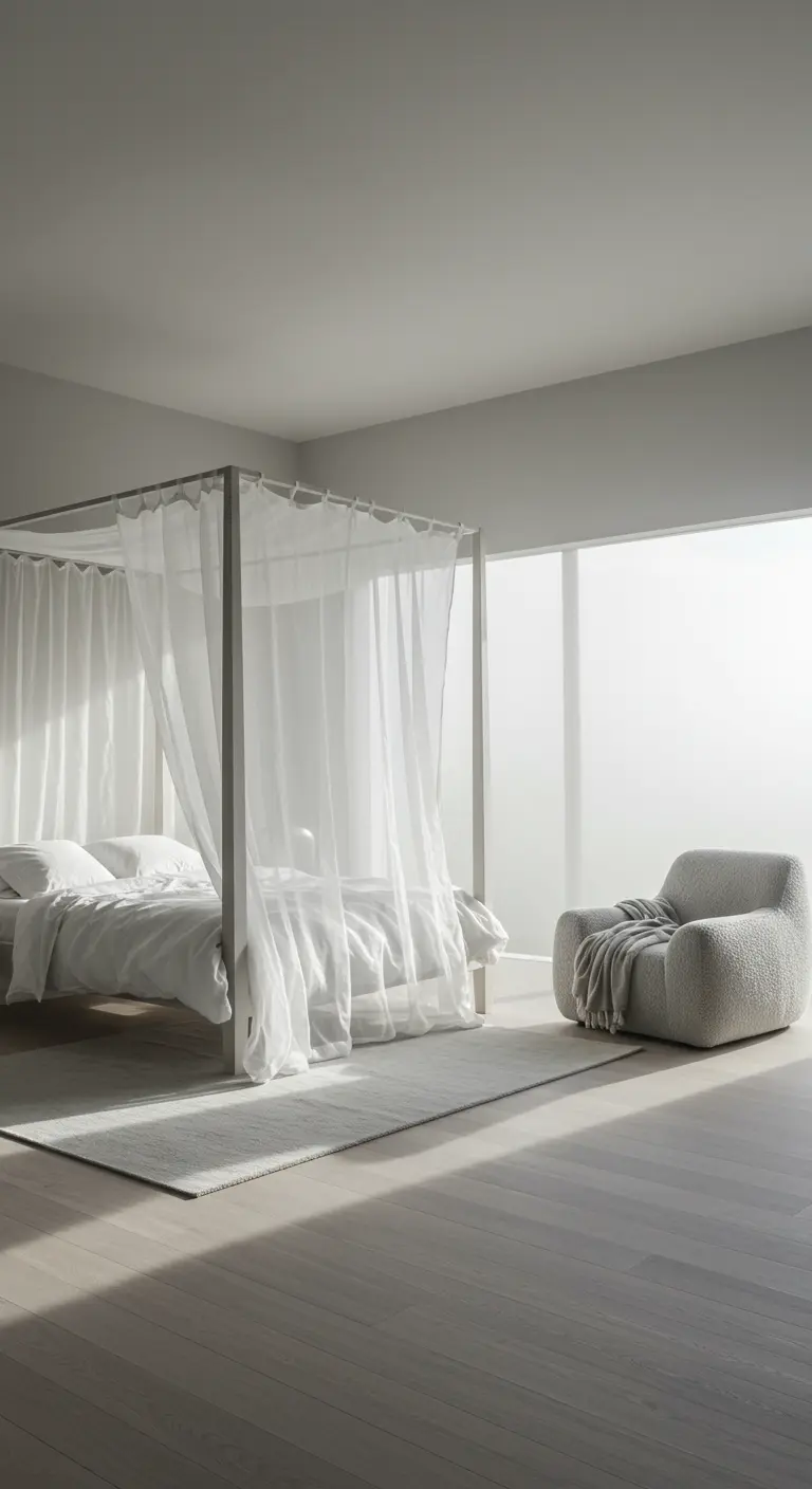 A minimalist four-poster bed draped in sheer white curtains in a bright, airy room.