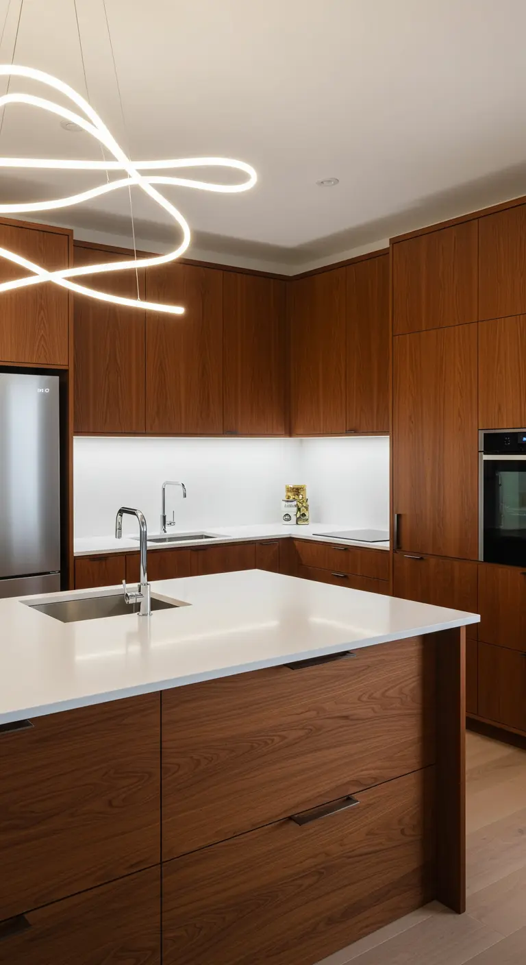 Modern kitchen with teak cabinets and a large, curving LED light fixture.