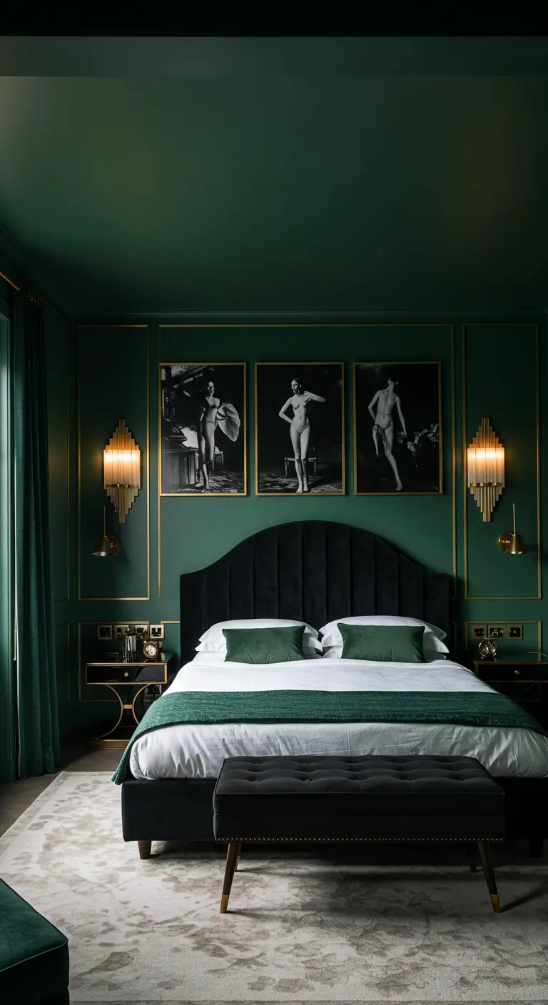 Emerald green bedroom with brass wall trim, a black velvet bed, and Art Deco sconces.