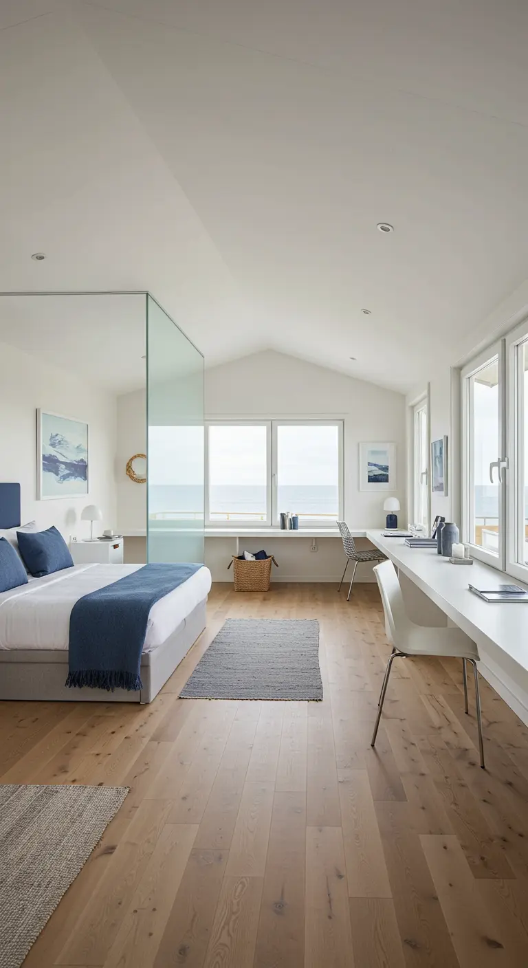 Airy coastal bedroom separated by a partial glass wall from a long desk area.