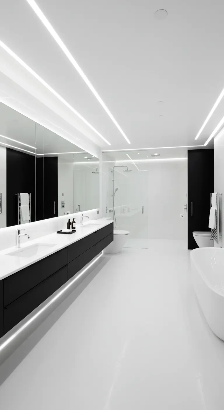 Modern black and white bathroom with long floating vanity and linear LED lights on the ceiling.