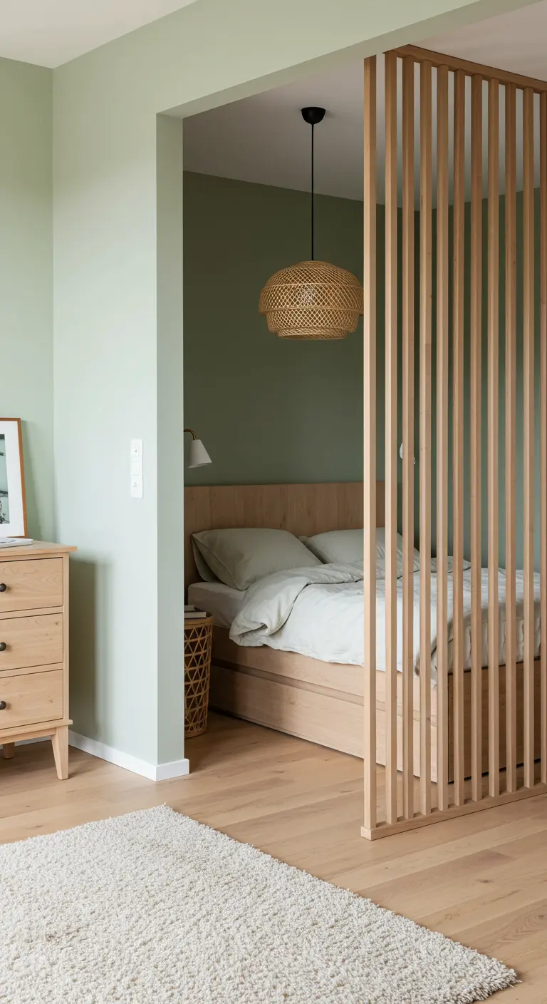 Bedroom nook with a light wood slat divider and sage green walls.