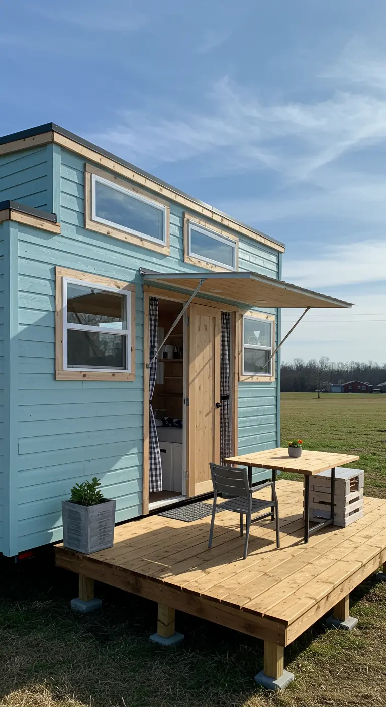 Light blue tiny home with a wood deck and a small outdoor dining set.