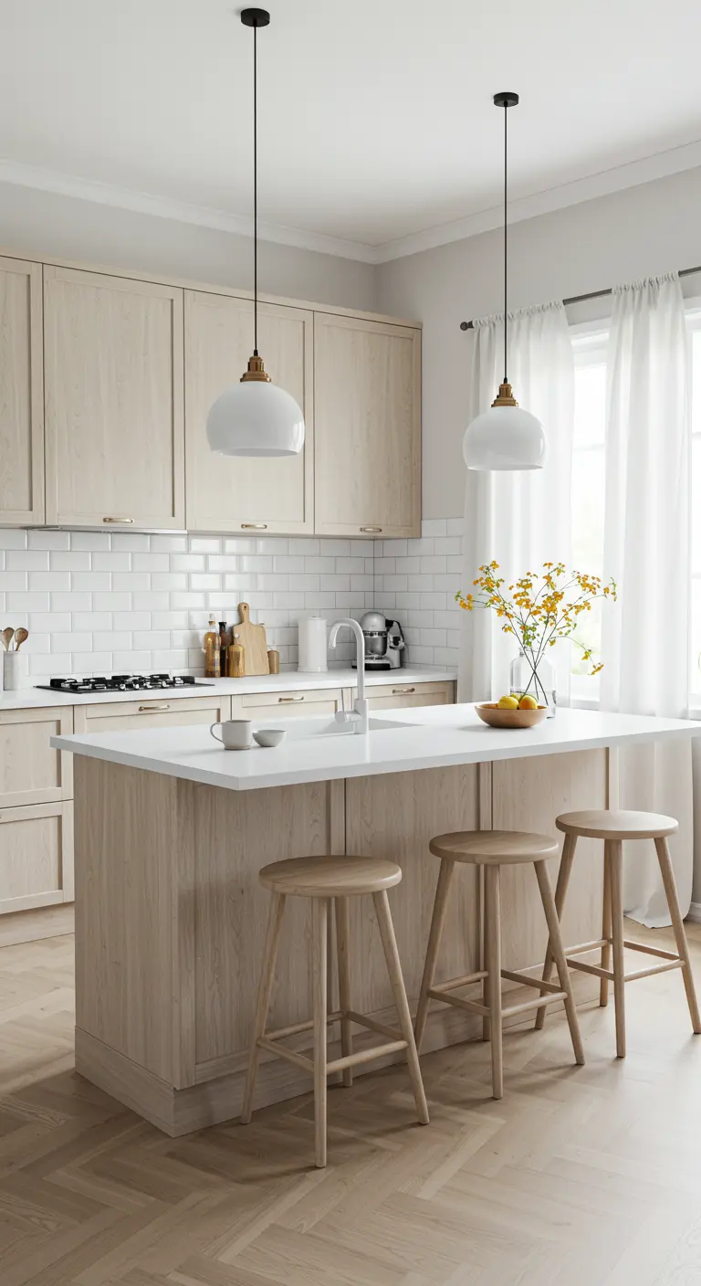 Kitchen with a light wood island, two white pendant lights, and simple wooden stools.