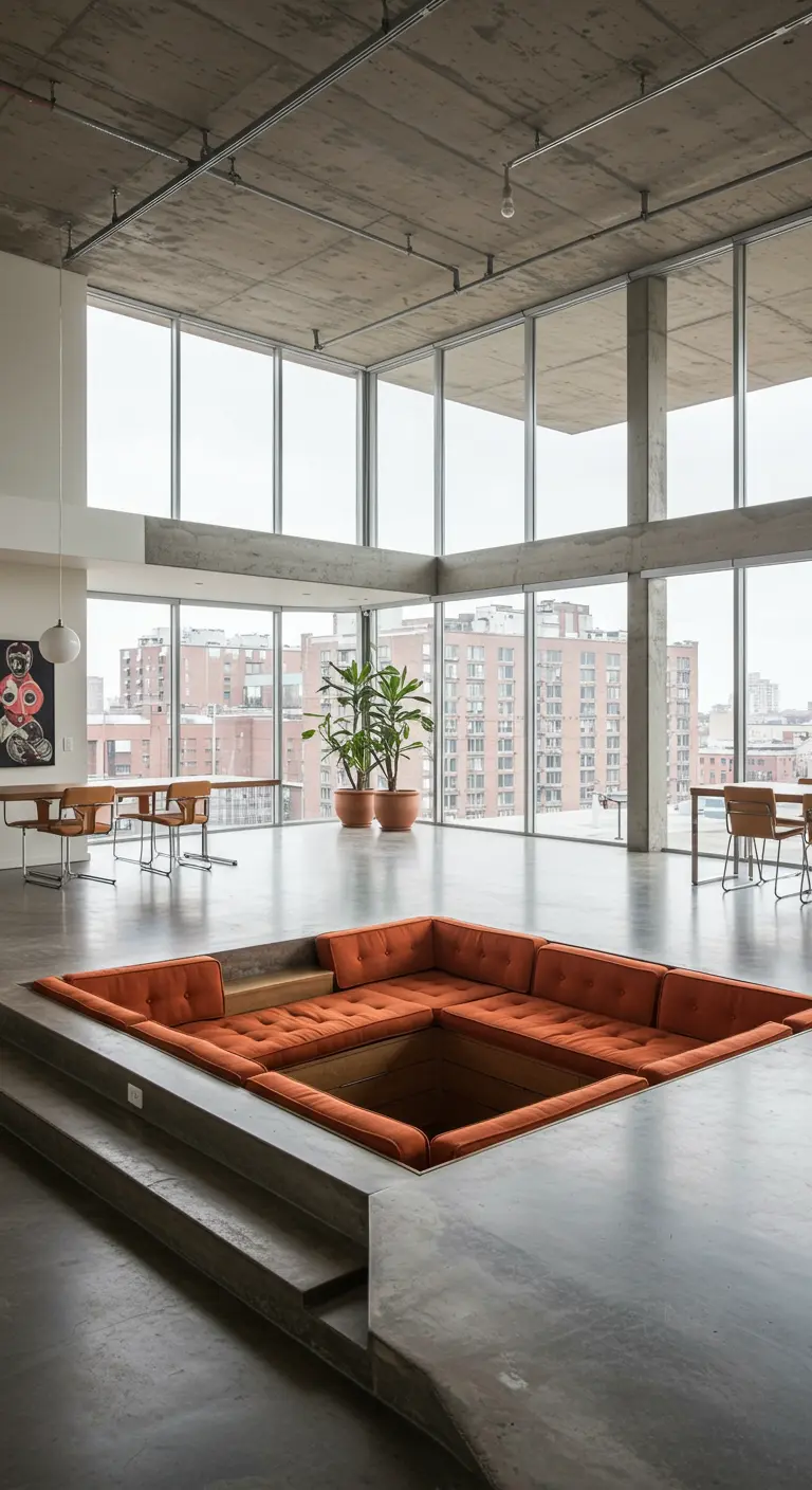 A large concrete loft featuring a sunken conversation pit with bright orange cushions.