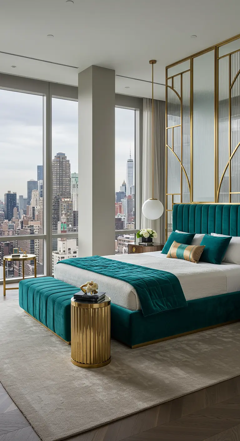 Modern bedroom with a teal velvet bed and a brass and glass screen as a headboard.