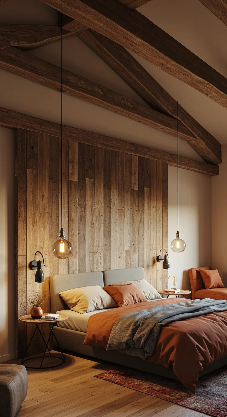 Bedroom with a vertical reclaimed wood accent wall behind a low upholstered bed.