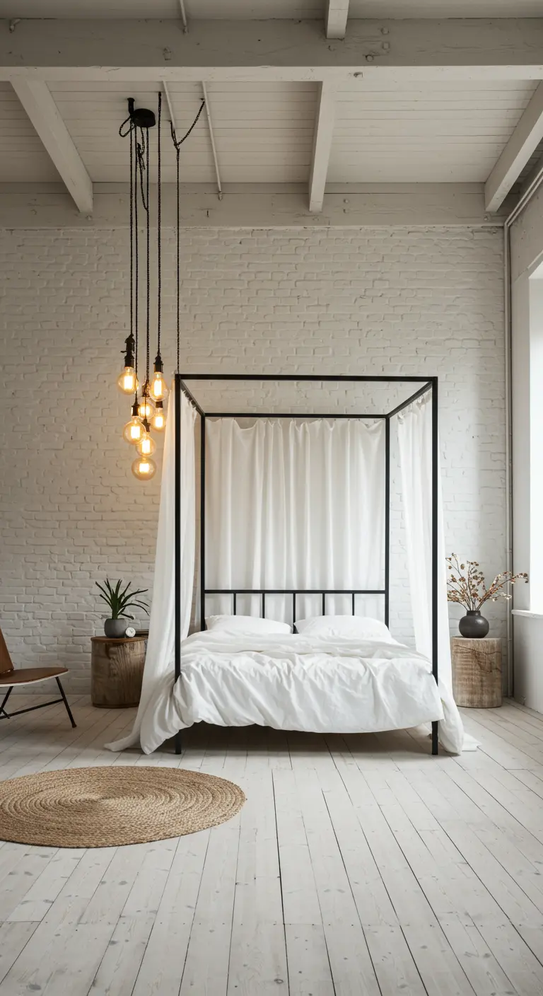 Loft bedroom with a black metal canopy bed and a cluster of hanging Edison bulbs.