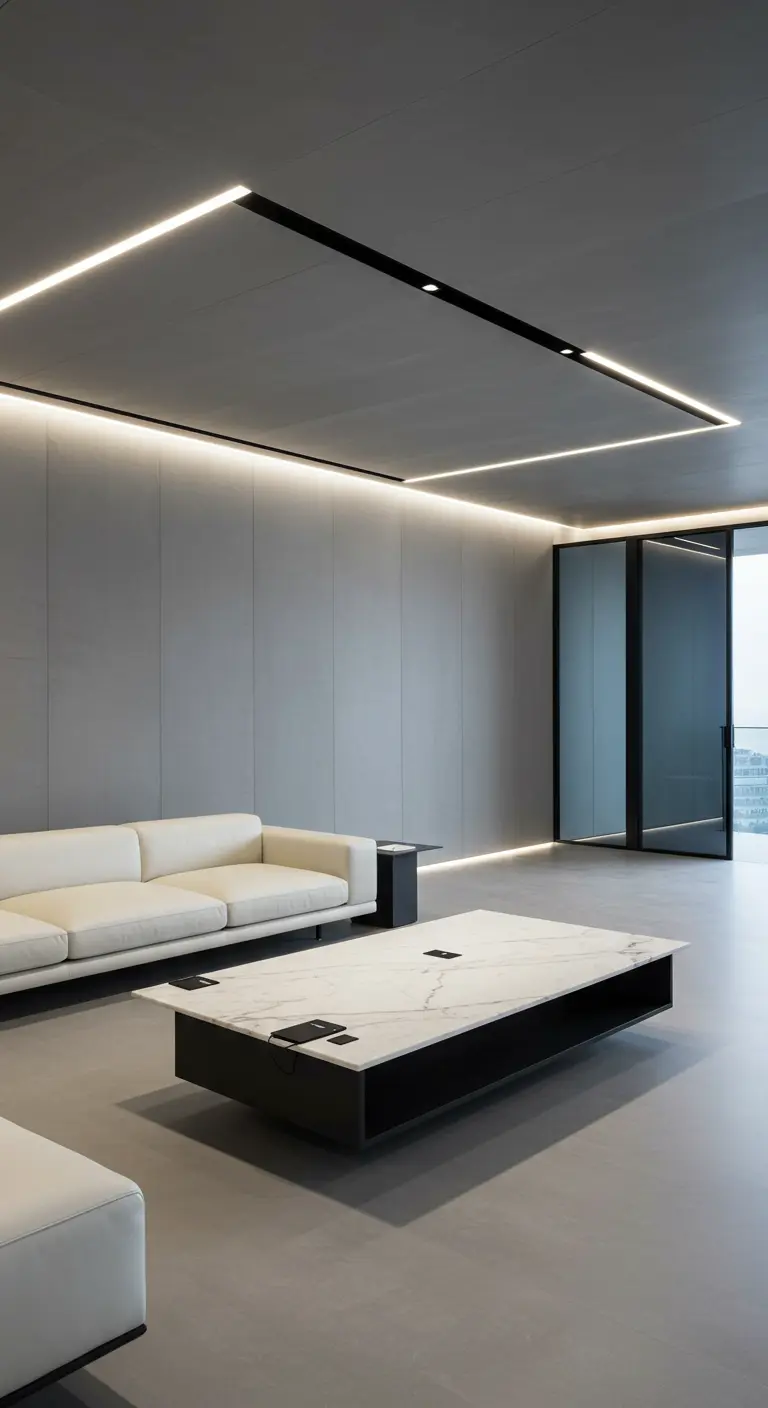 Modern office lounge with linear LED ceiling lights and a white leather sofa.