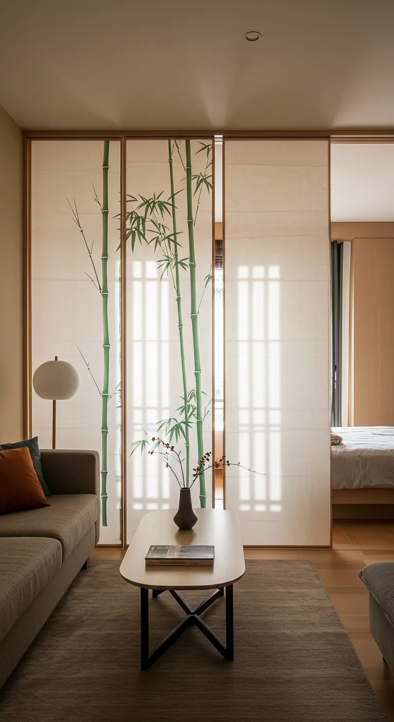 Japanese-style sliding screens painted with green bamboo stalks divide a living room and bedroom.