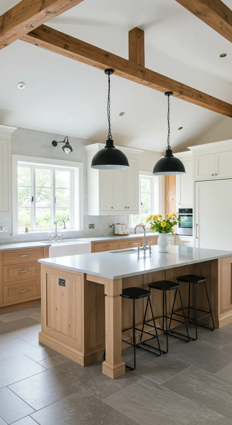 Airy kitchen with vaulted ceilings, wood beams, and a large wood island with black pendants.