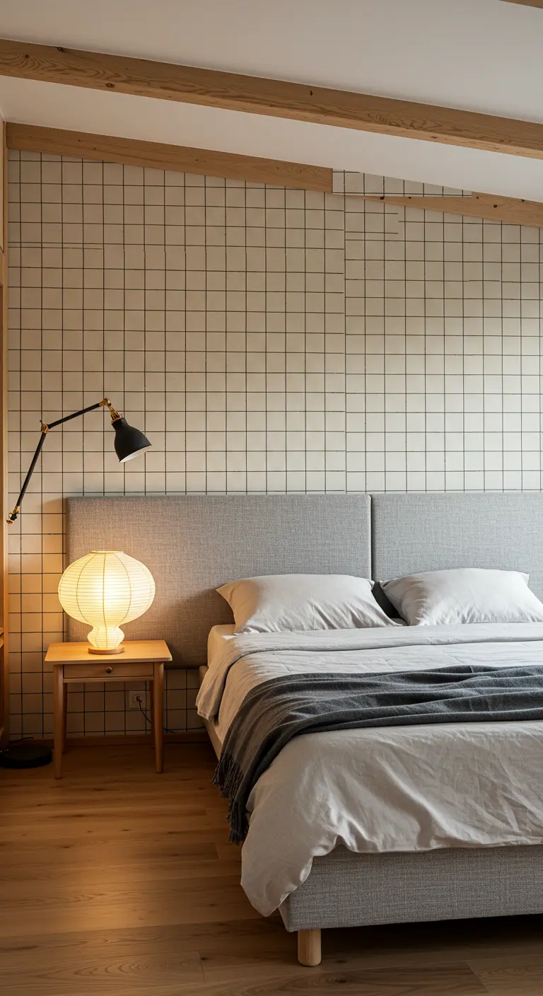 Minimalist bedroom with grid wallpaper, grey headboard, and layered lighting.