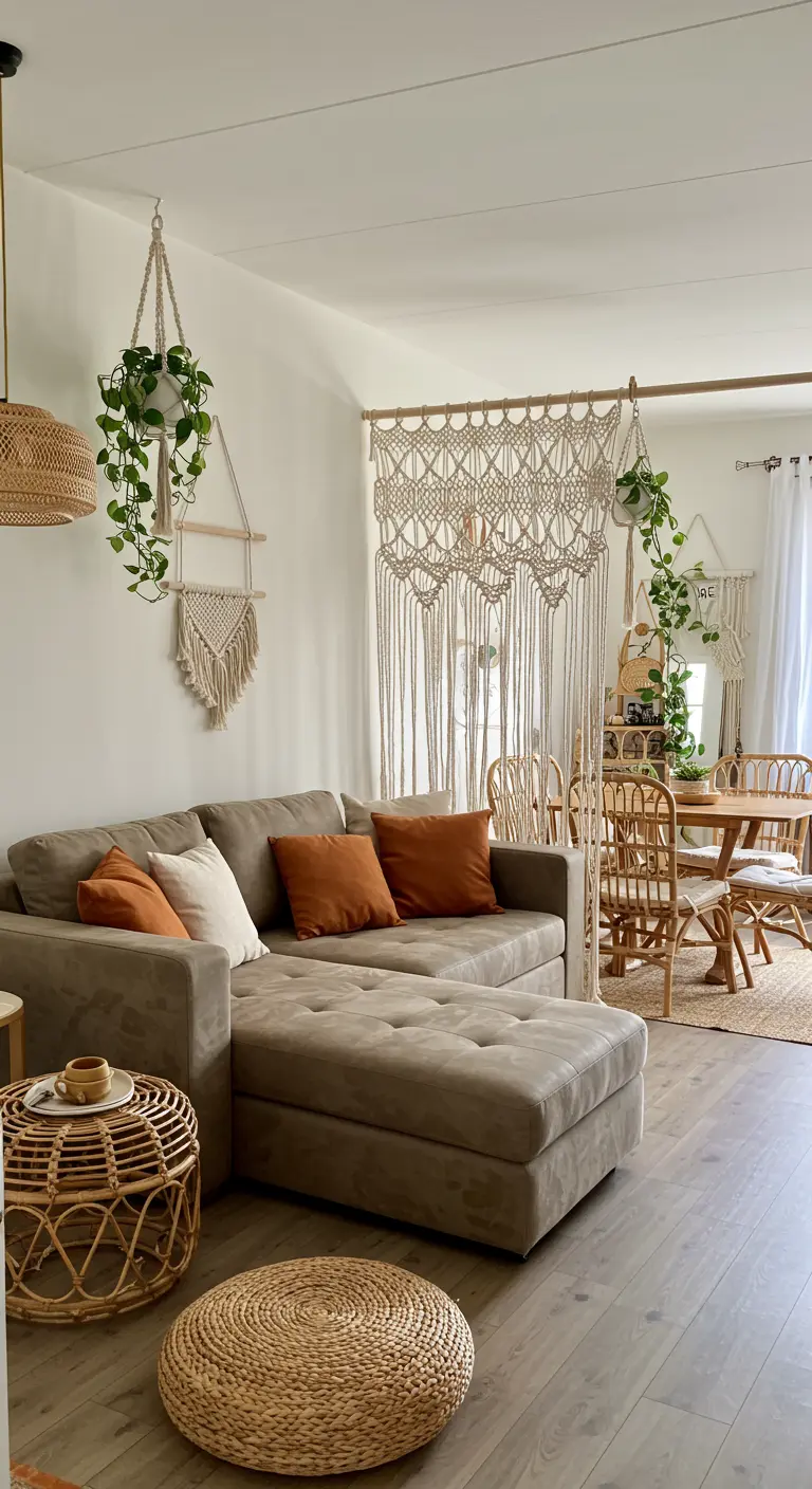 Boho living room with a taupe sectional, macrame wall hanging, and rattan furniture.