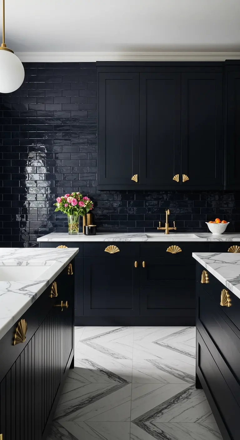 Kitchen with black cabinets, glossy black tile, and distinctive fan-shaped brass hardware.