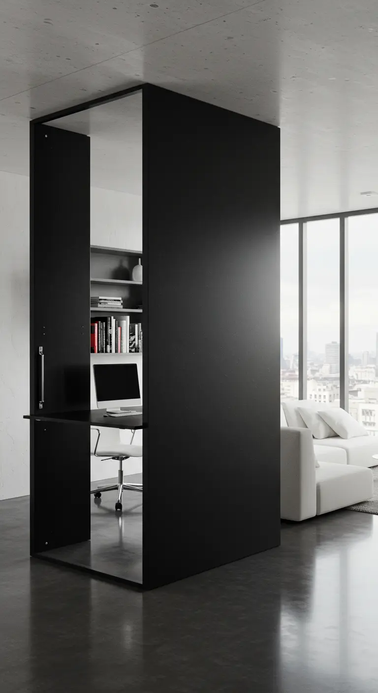 A black architectural cube in an open-plan studio, containing a hidden home office.