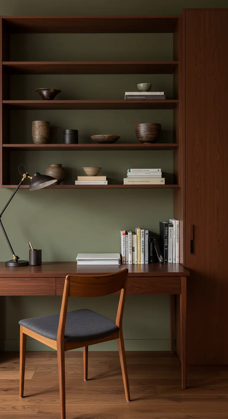 Home office nook with an olive green wall and dark wood built-in shelving.