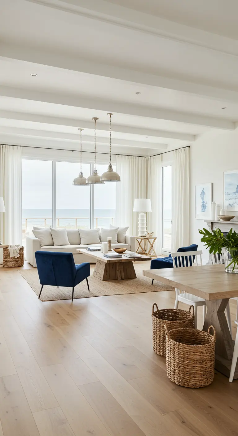Open-plan living and dining area with navy accent chairs defining the lounge space.