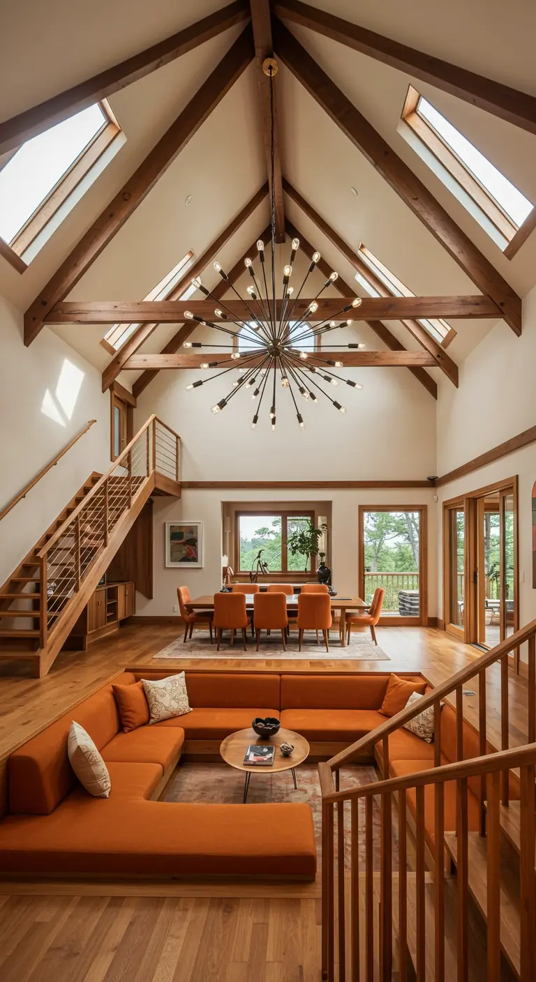 A-frame great room with a sunken orange sectional and large sputnik chandelier.