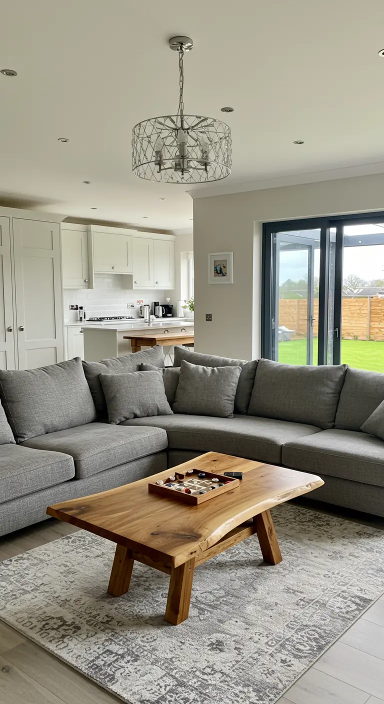 Open-plan living room with a large grey sectional, a live-edge table, and an adjacent kitchen.