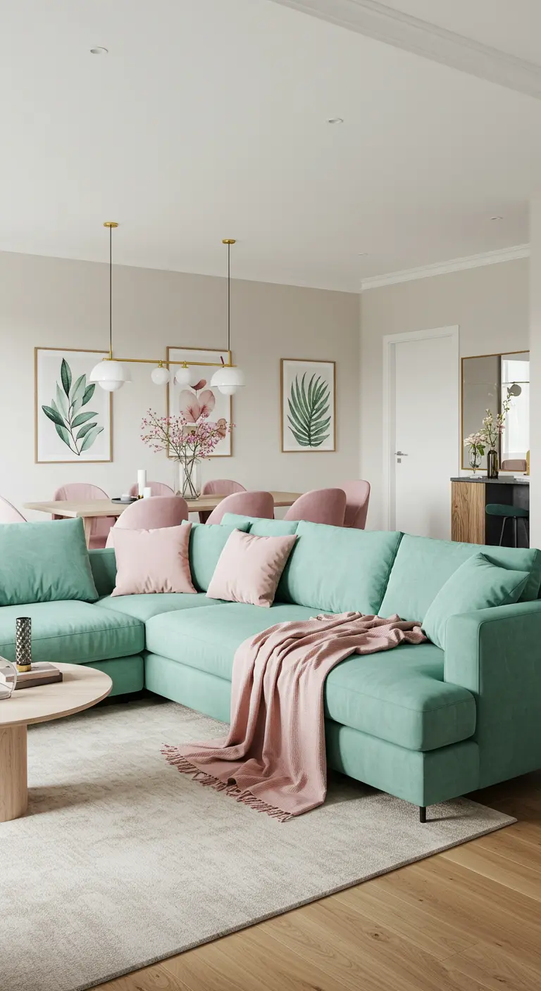 An open-plan living and dining room with a large mint sectional and pink dining chairs.