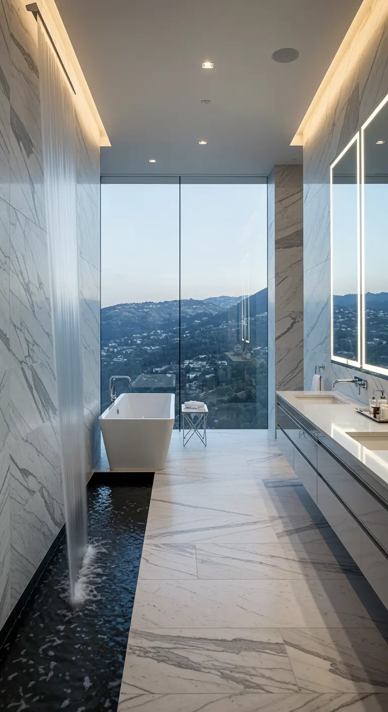 Spacious white marble bathroom with a floor-to-ceiling waterfall next to a freestanding tub.