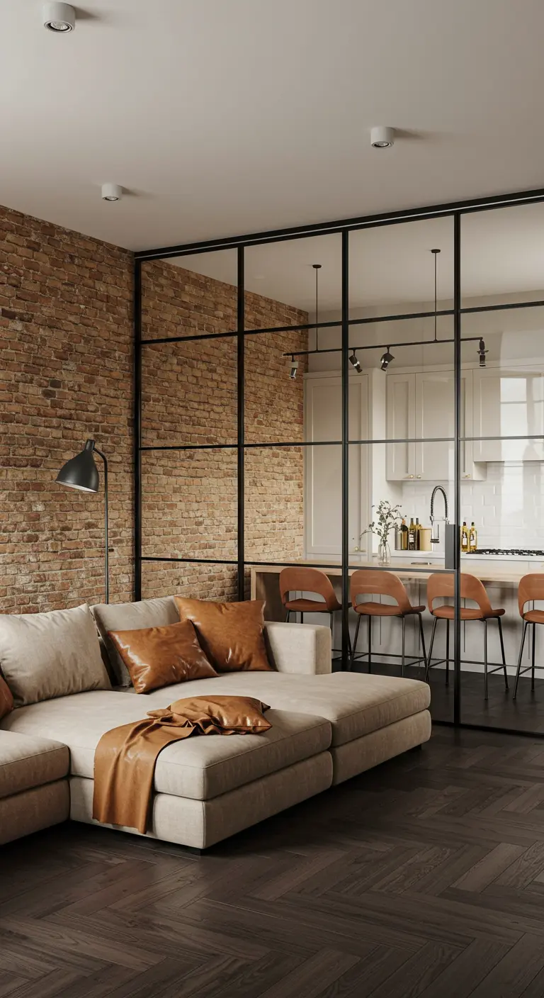 Black-framed glass wall dividing a brick-walled living room from a modern kitchen.