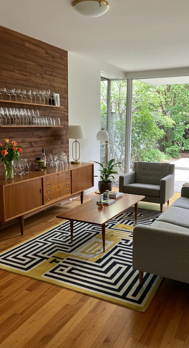 Mid-century bar area with a wood wall and a striking black, white, and yellow rug.