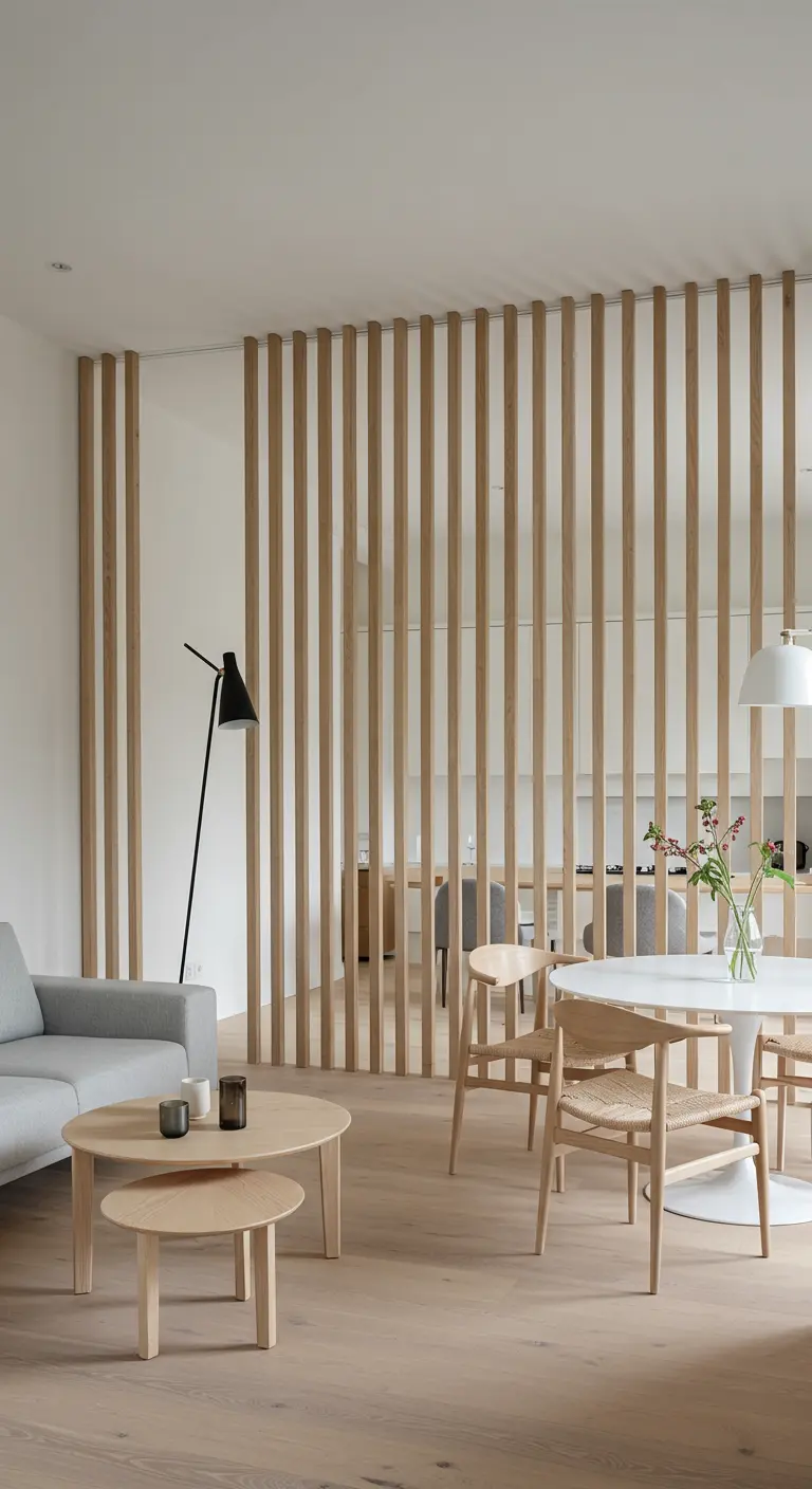 Open-plan living space divided by a vertical wood slat partition.