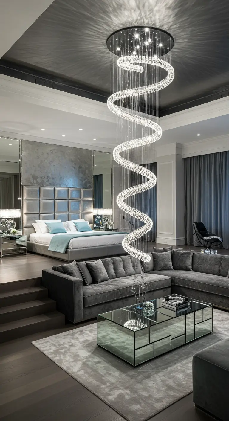 Large bedroom suite with a raised bed and a seating area defined by a spiral crystal chandelier.