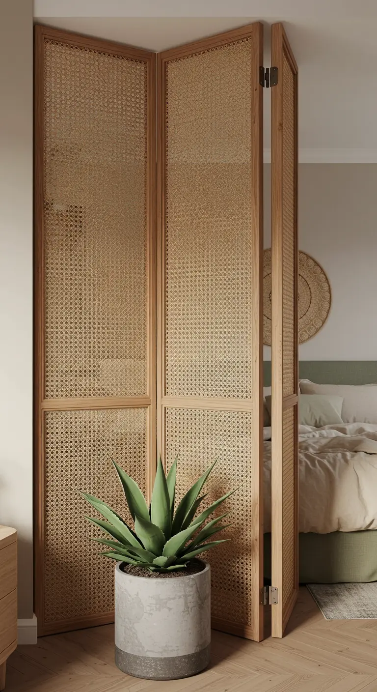 A woven cane folding screen separating a bed from the rest of the room.