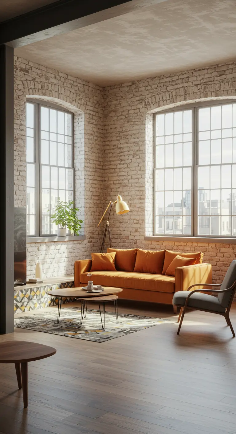Industrial loft living room with exposed brick, an orange sofa, and a colorful tile inlay on the floor.