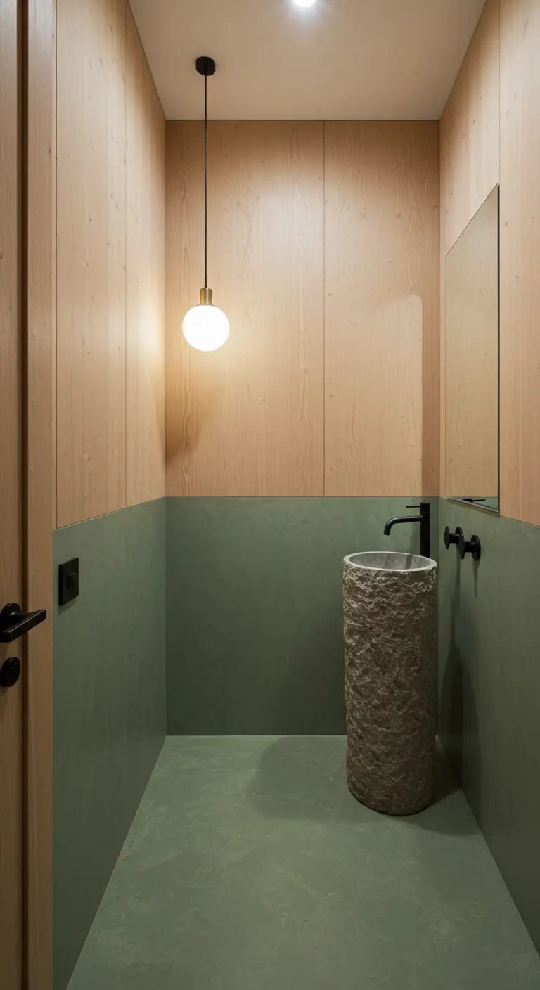 Powder room with a green microcement lower wall and a wood-paneled upper wall.