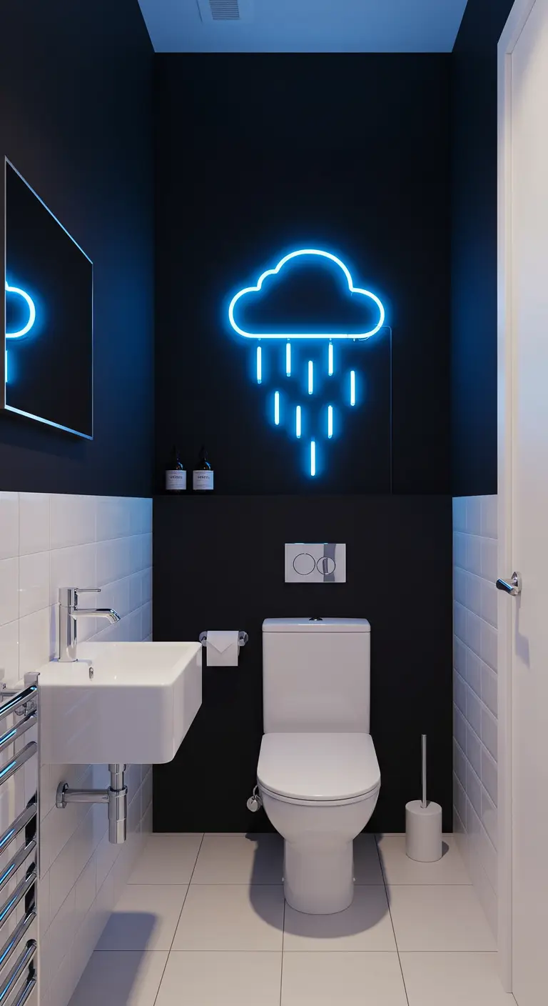 Small bathroom with a white tile half-wall, a black upper wall, and a blue cloud neon sign.