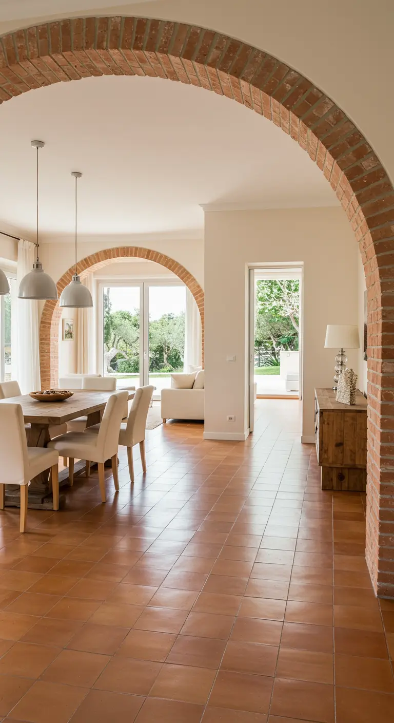Open-plan living space with a prominent brick arch separating dining and living areas.