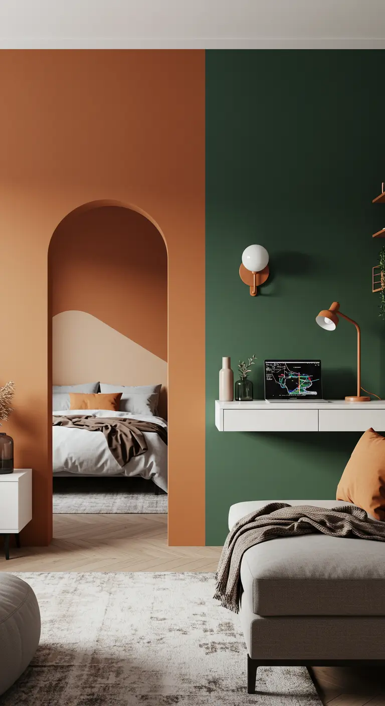 Studio apartment using terracotta and dark green paint to create distinct living zones.