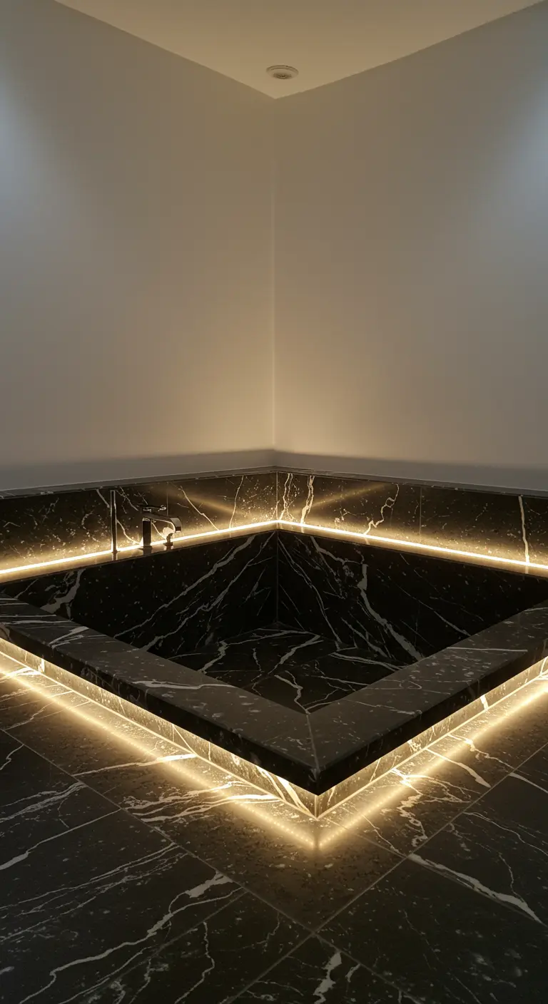 A corner bathtub made of black marble, outlined with warm LED strip lights.