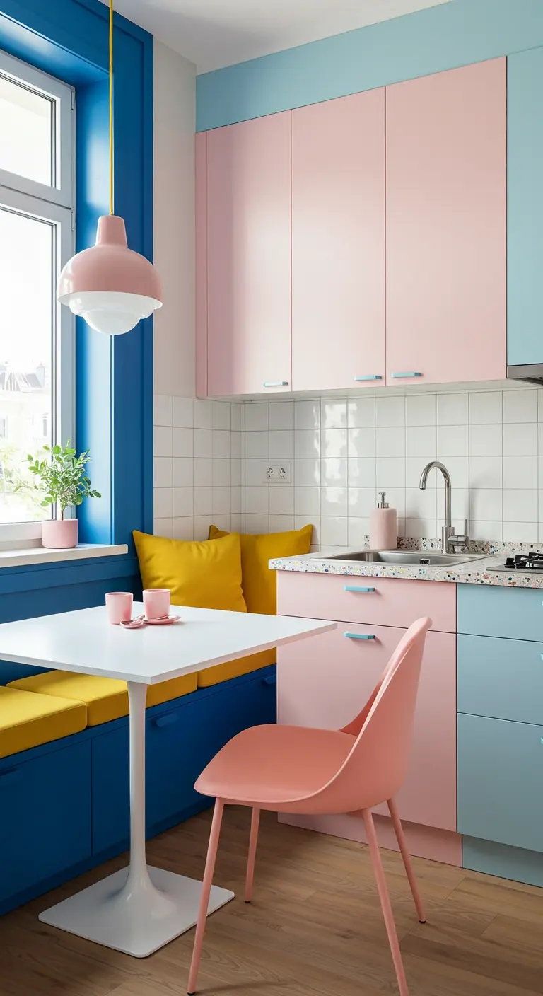 Kitchen with color-blocked cabinets in pink and blue and a blue banquette.