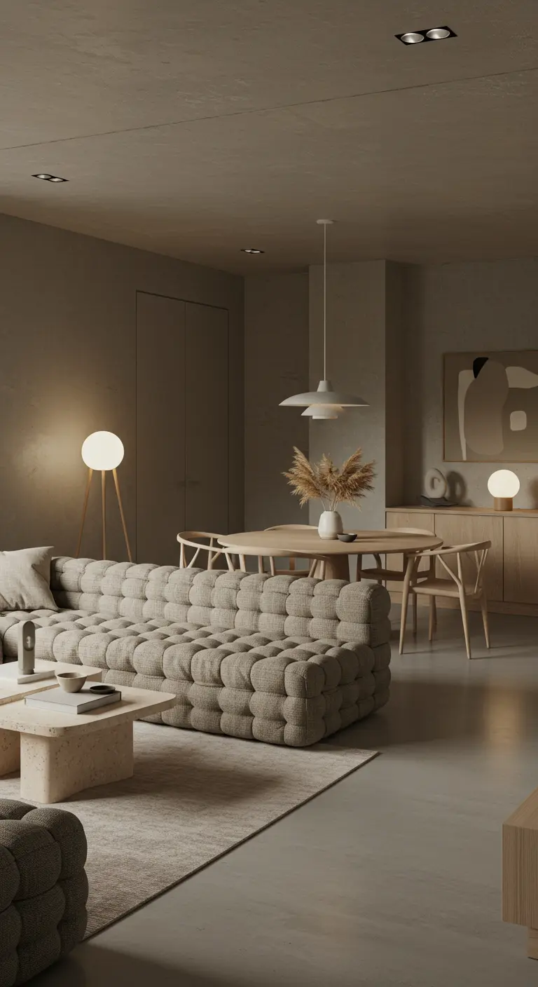 Open-plan greige space with a boucle sofa and wood dining set.