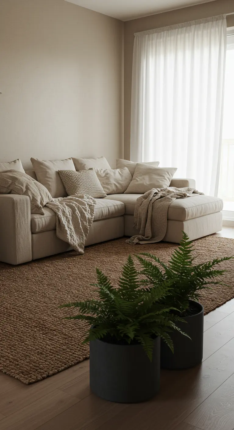 Cream sectional sofa on a large jute rug with two ferns in the foreground.