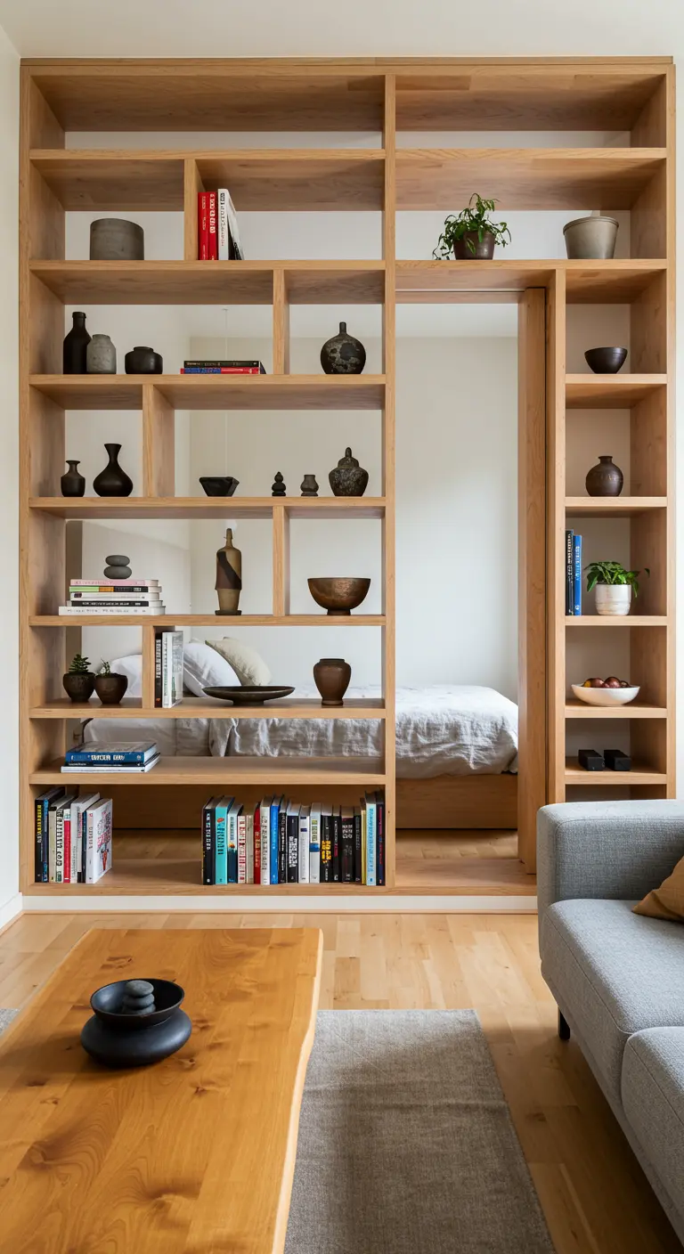 A large wooden shelving unit acts as a room divider between a living area and a bedroom.
