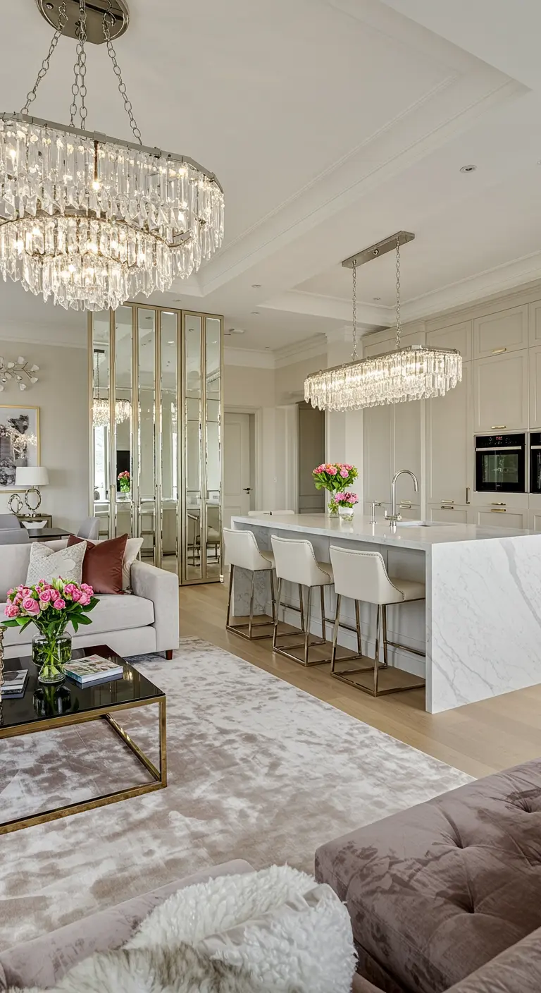Open-plan living room and kitchen with matching crystal chandeliers defining the separate areas.