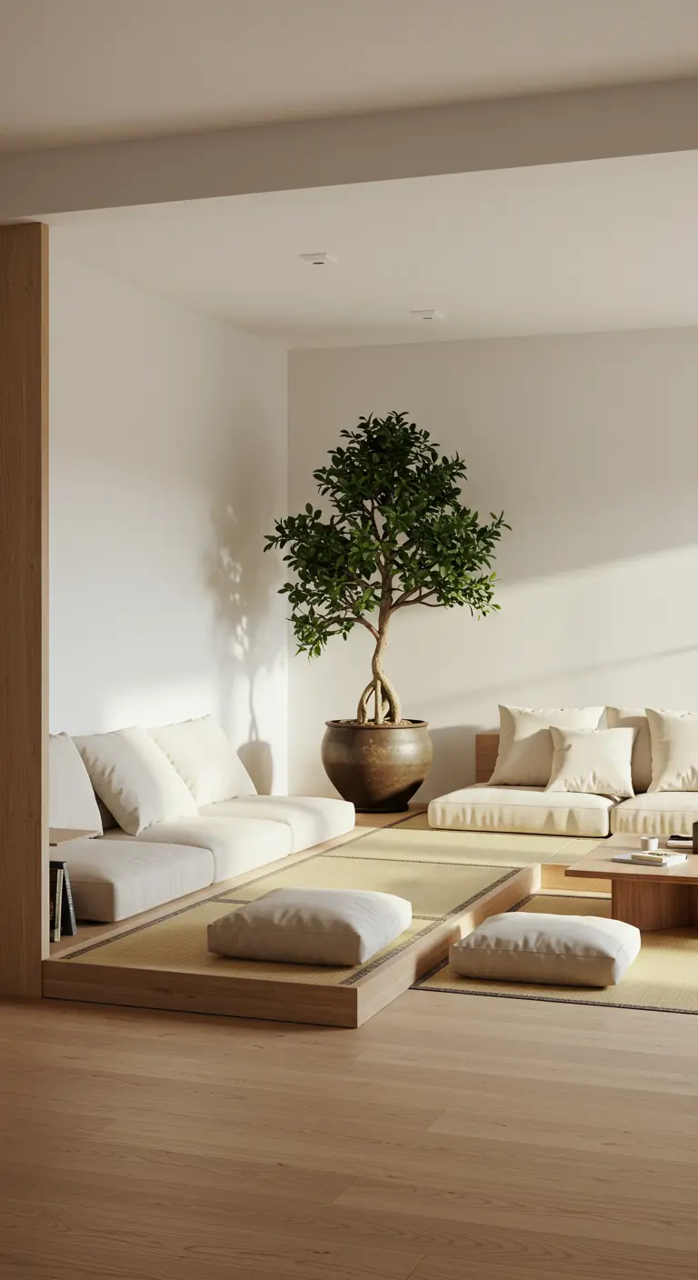 Zen living space with low platform seating, tatami mats, and a large indoor tree in the corner.