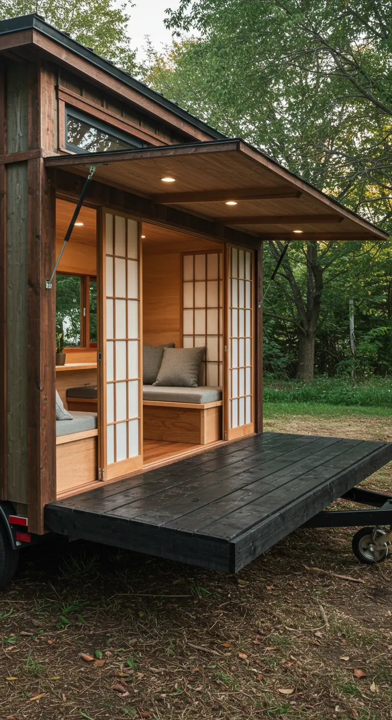 Tiny home with a dark wood deck and light wood Shoji screen sliding doors.